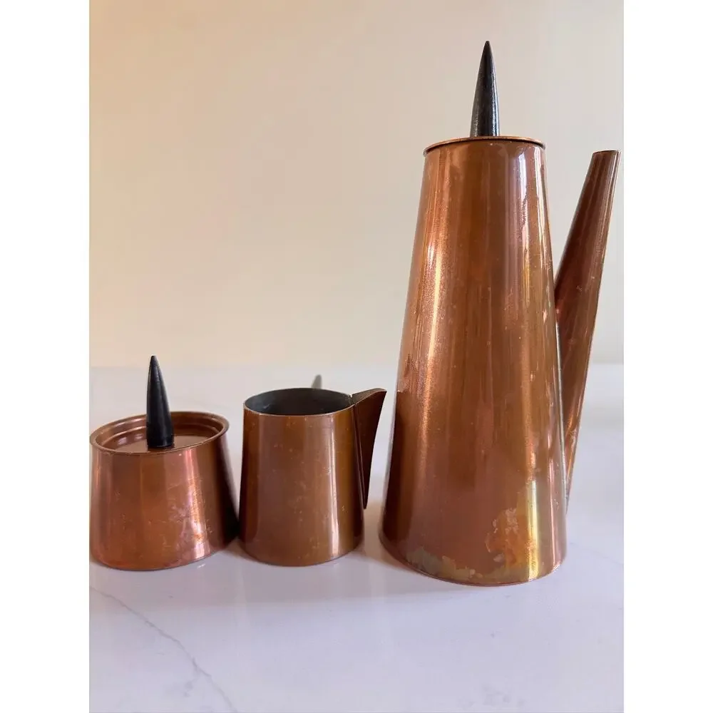 Vintage Copral Portugal Copper Coffee Pot Set Creamer Sugar Spike Wood Handle